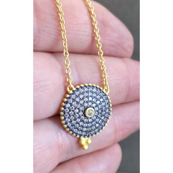 Gold Vermeil STERLING Silver Pavé CZ Disc PENDANT Necklace FREIDA ROTHMAN 16-18" - Picture 1 of 4